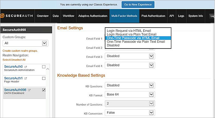 Screenshot of the SecureAuth Email Settings dialog box